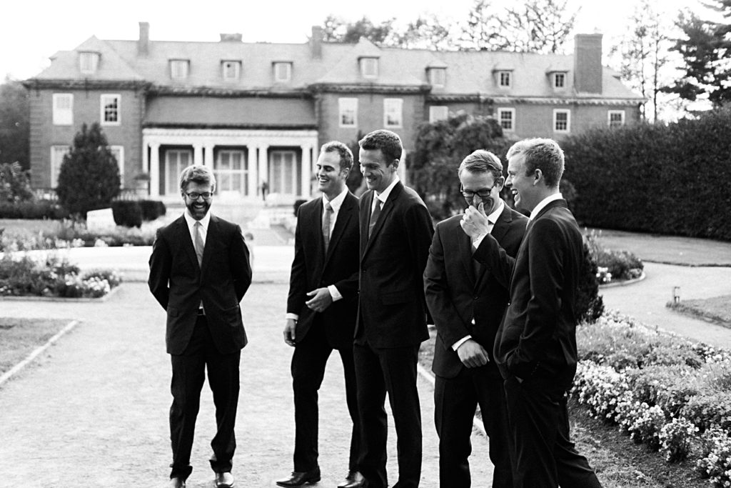 groomsmen at gardens at elm bank black and white
